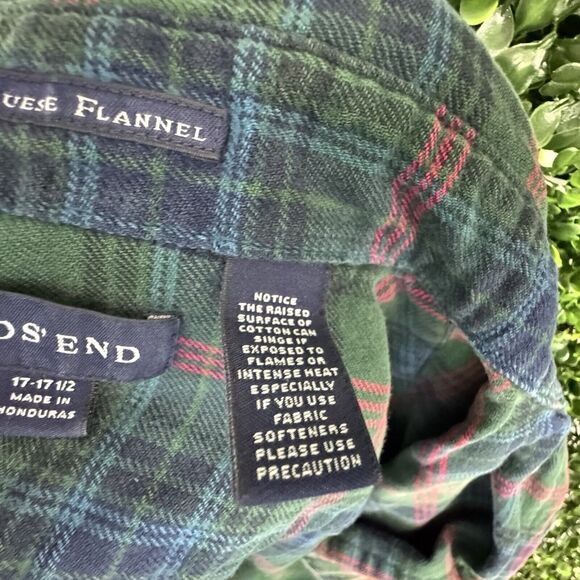 VTG Lands End XLT 17-17.5 Mens Button Shirt Green Portuguese Tartan Flannel RARE - Picture 6 of 8